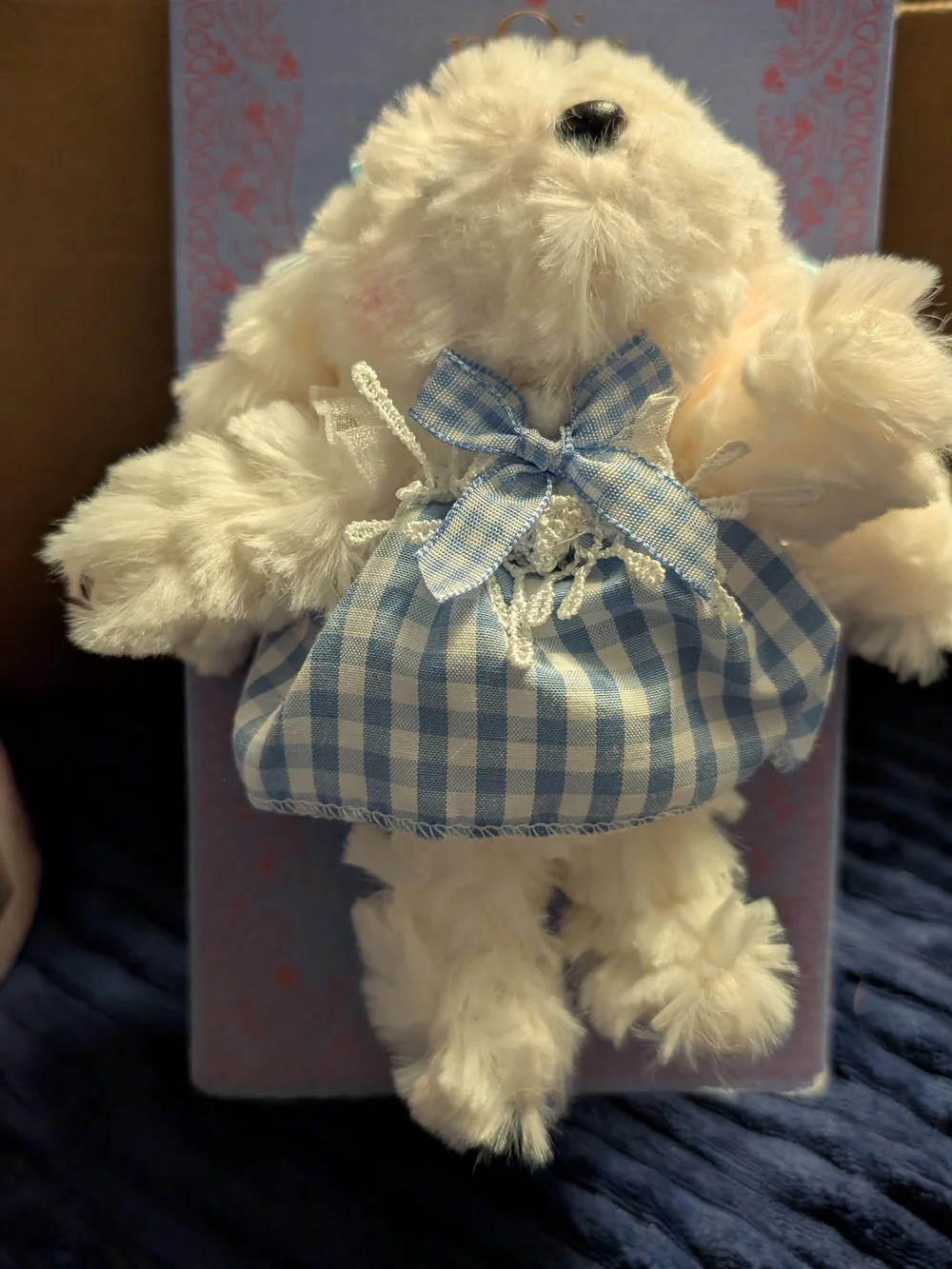 nOir  White Plush Bunny with Blue Gingham Dress